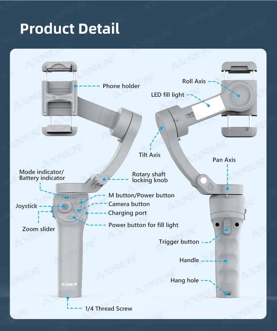 Handheld 3-Axis Smartphone Gimbal Stabilizer with Anti-Shake, Built-in Fill Light, Ideal for iPhone Android Vlogging and Tiktok
