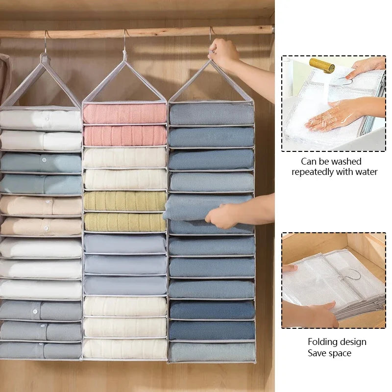 Home wardrobe storage, hanging bags, pants, layered hanging clothes, separated and organized items, fabric storage rack