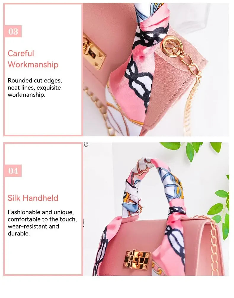 Women Girls Fashion Simplicity Solid Color Handbag Niche Design Silk Scarf Mini Chain Single Shoulder Crossbody Bag Bandolera