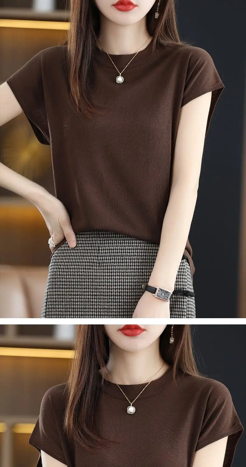 Fashion Solid Color Knitted Loose Korean T-Shirt Women's Clothing 2023 Spring New Casual Pullovers All-match Tee Shirt