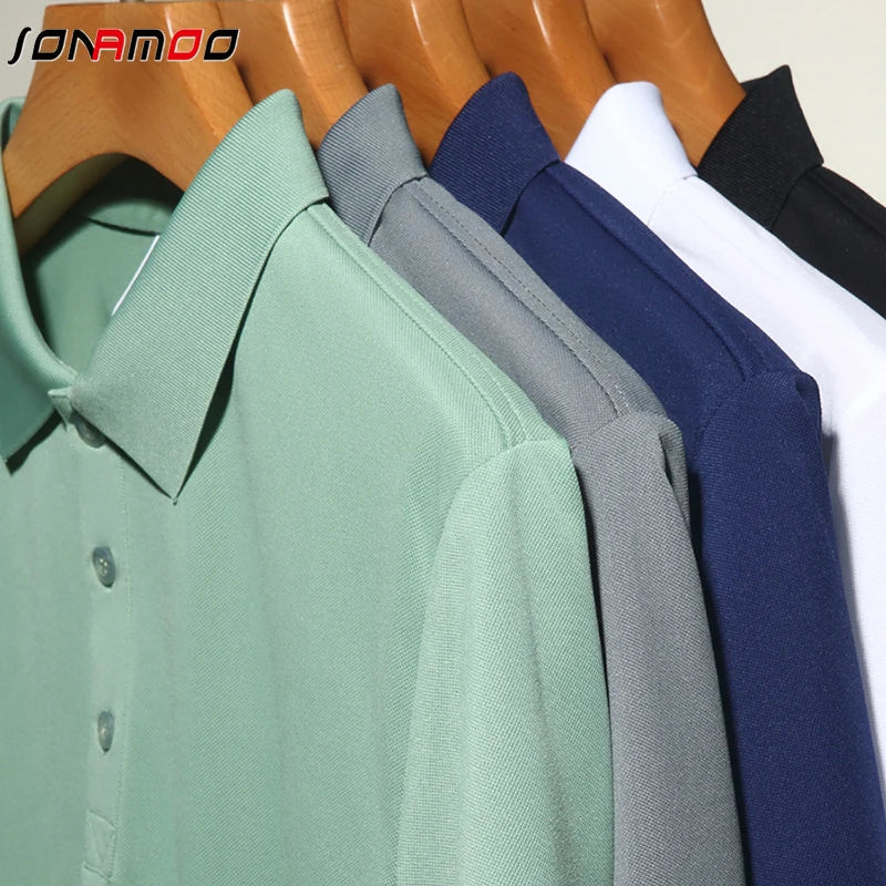 Men's Fashion Solid Short Sleeved Striped Lapel Polo Shirt Summer Breathable Comfortable Top