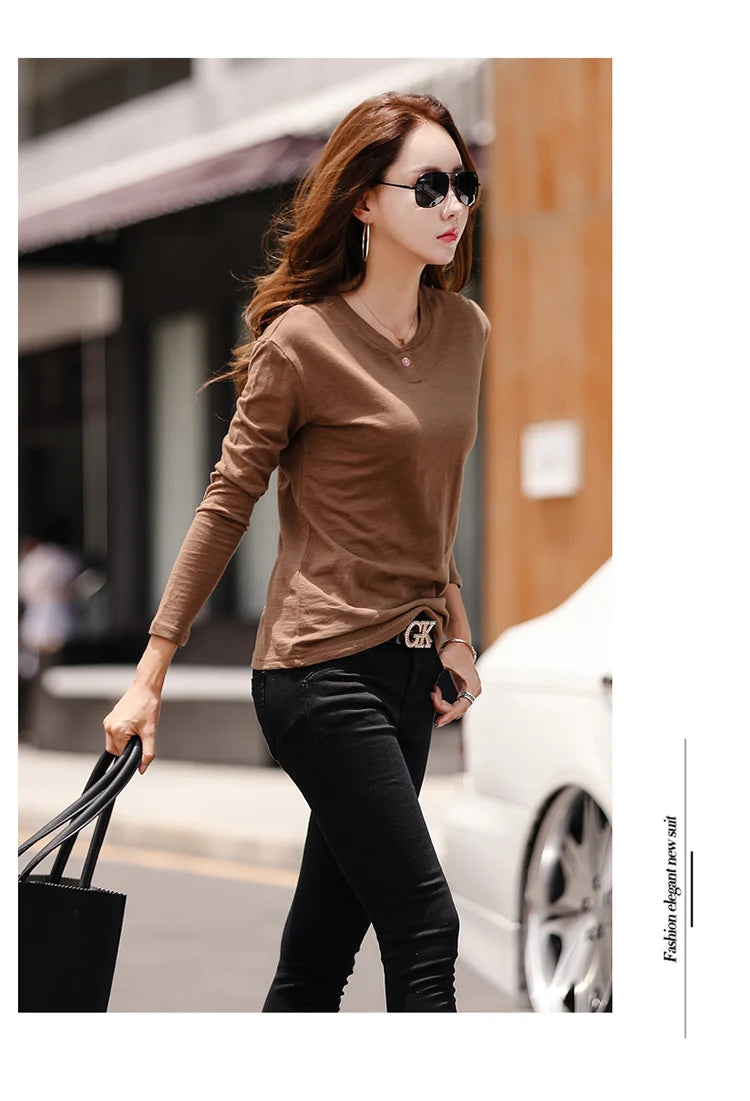 2024 Long Sleeve Spring Women Slub Cotton T Shirts Female Button Green V-Neck Solid Color T-shirt Coffee Korean Soft Loose Tops
