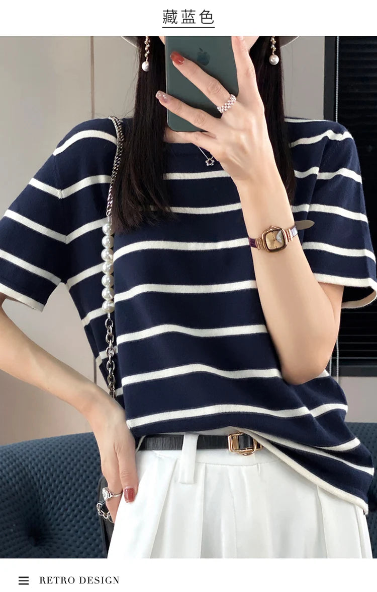 RONGYI Spring And Summer 100% Cotton Women's O-Neck Pullover Short Sleeve T-Shirt Striped Knitting Fashion Casual Spacious Top