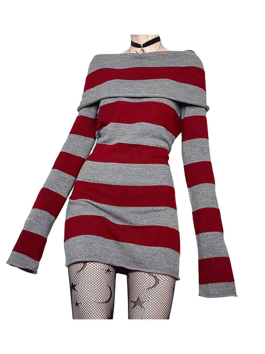 Women Y2K Knit Mini Dress Striped Long Sleeve Off Shoulder Bodycon Short Sweater Dress Trendy Night Club Streetwear