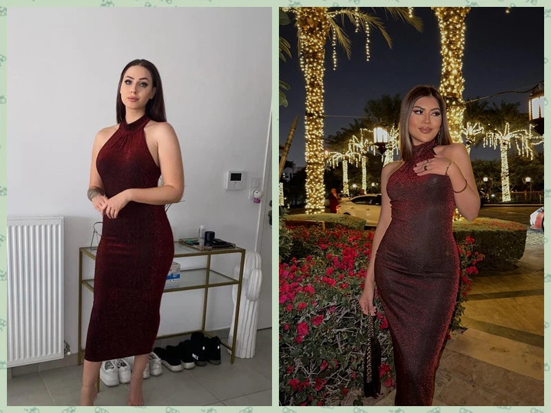 Women Sexy Slim Mini Dress Halter High Neck Sleeveless Glitter Bodycon Dress Evening Party