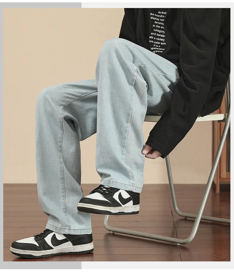 New Korean Fashion Men's Casual Ankle-Length Jeans Classic Man Straight Denim Wide-leg Pants Light Blue Grey Black 3XL