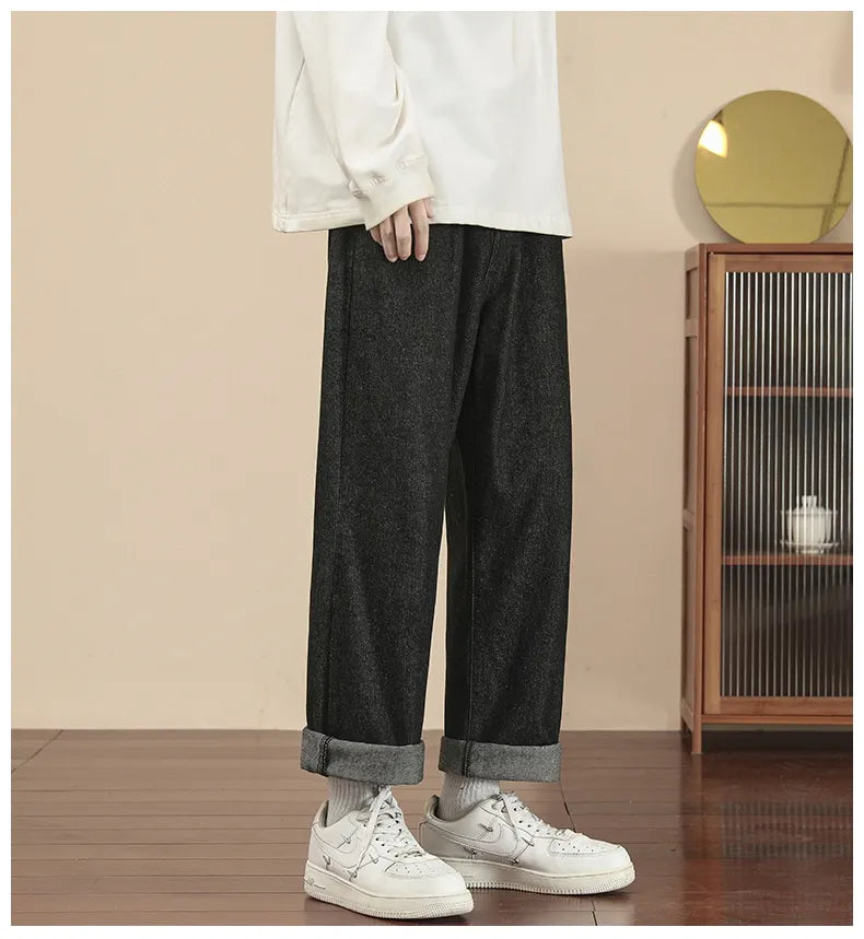 New Korean Fashion Men's Casual Ankle-Length Jeans Classic Man Straight Denim Wide-leg Pants Light Blue Grey Black 3XL
