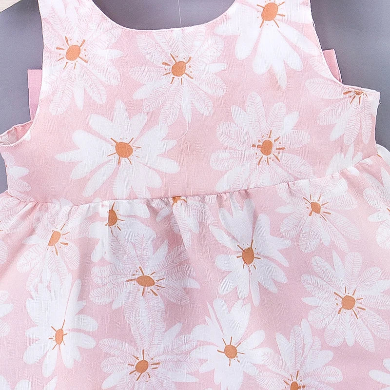 2pcs Baby Girls Sleeveless Daisy Print Back Big Bow Decor Beach Dress & Hat Set Kids Summer Clothes