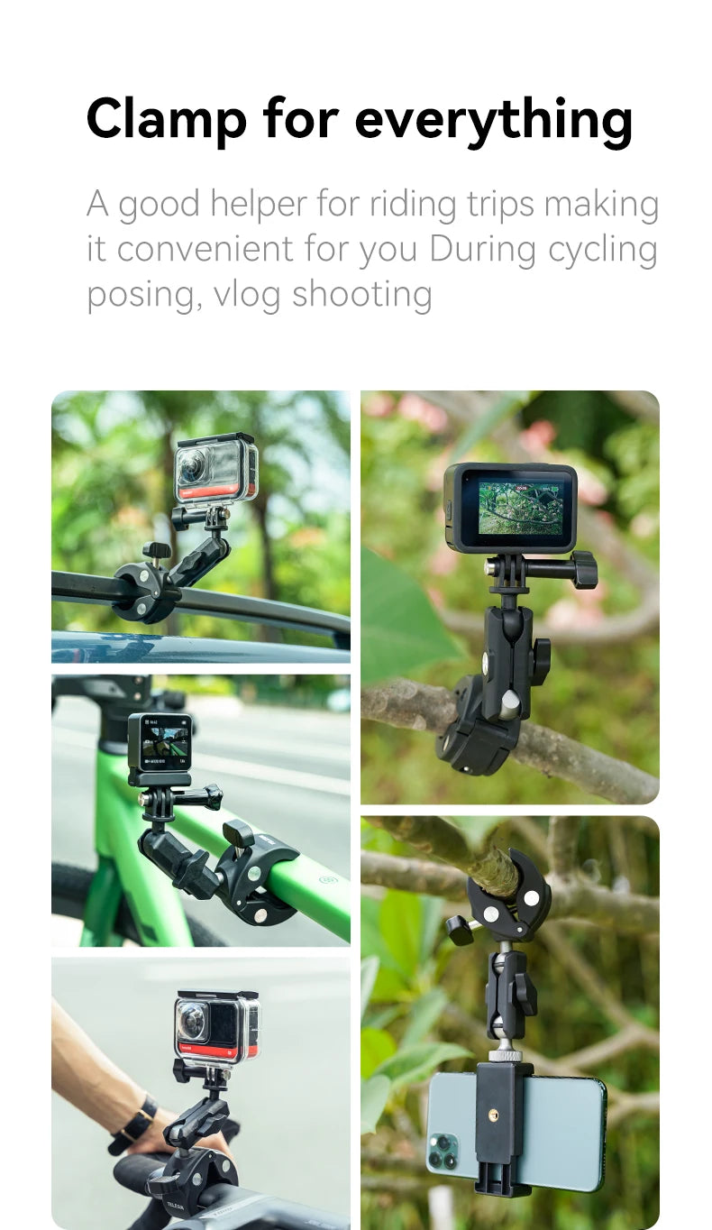 TELESIN Cycling Motorcycle Clip Magic Arm 360° Aluminum Alloy Super Clamp 1/4" Hole For Camera GoPro Mobile Phone Action Camera