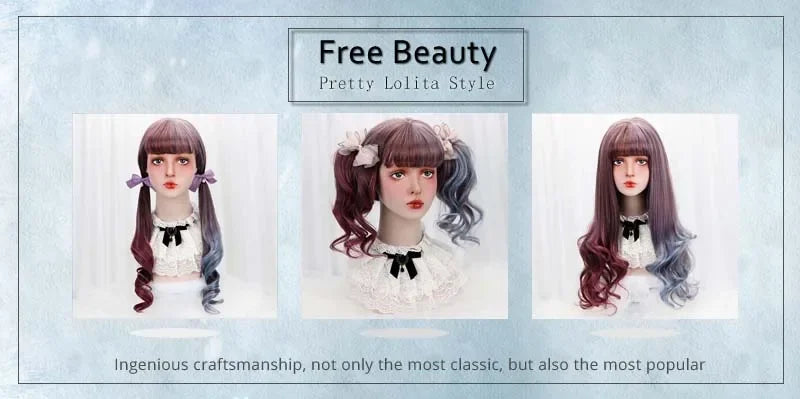 28''Synthetic Long Wavy Lolita Wigs With Bangs Purple Blue Ombre Custom Party Cosplay Wigs For Black/White Women Heat Resistant