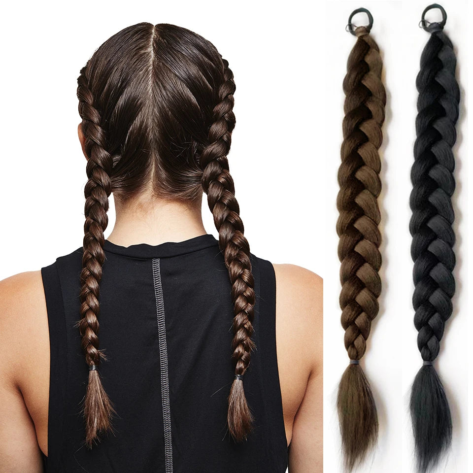 DIFEI Synthetic Boxer Ponytail Hair Extensions Elastic Hair Rope Wigs Natural Black Heat Resistant Braided Fakehair for Women
