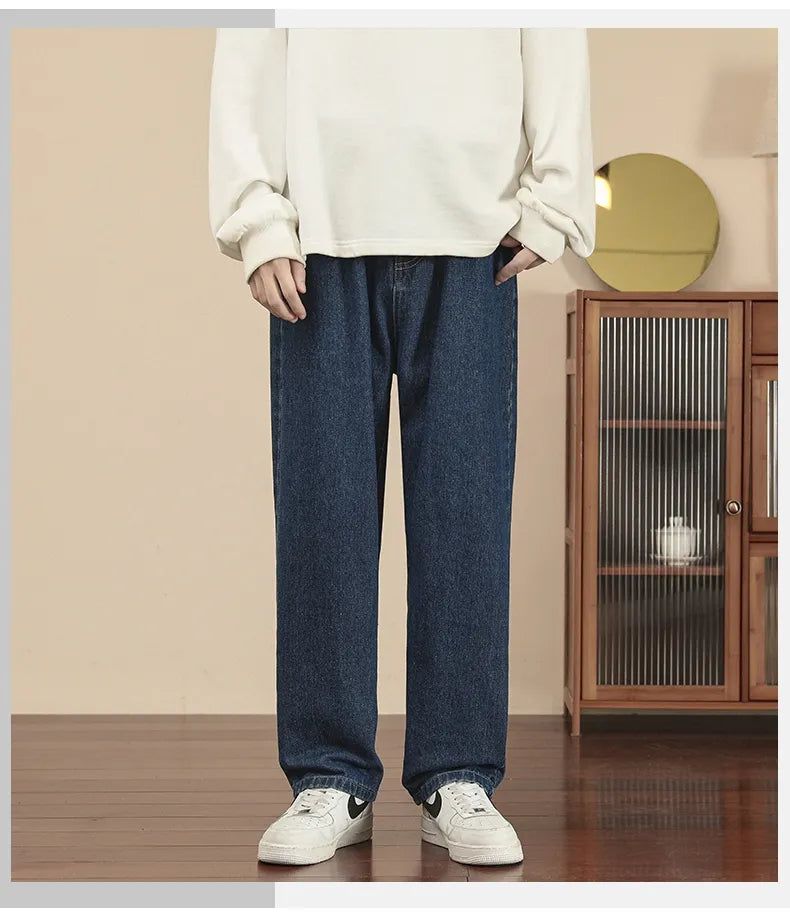 New Korean Fashion Men's Casual Ankle-Length Jeans Classic Man Straight Denim Wide-leg Pants Light Blue Grey Black 3XL