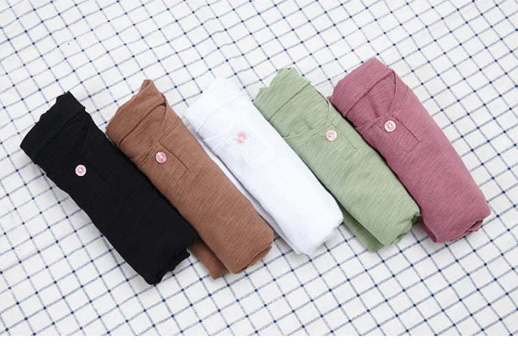 2024 Long Sleeve Spring Women Slub Cotton T Shirts Female Button Green V-Neck Solid Color T-shirt Coffee Korean Soft Loose Tops
