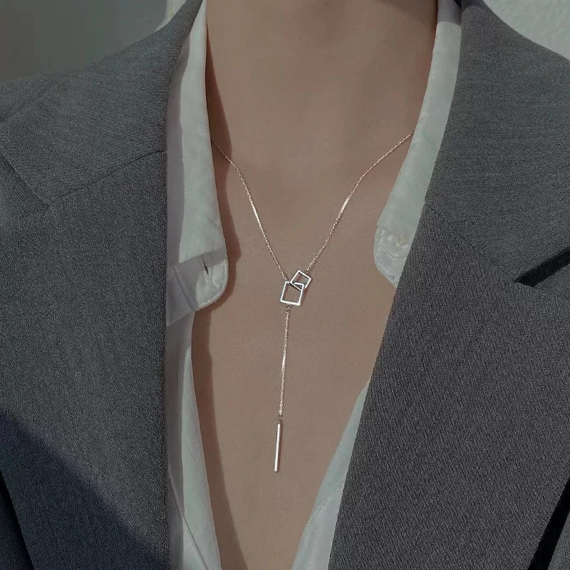 925 Sterling Silver Geometric Square Necklace with Straight Tassel Long Collar Chain Neckchain Sweater Chain Wedding Jewelry