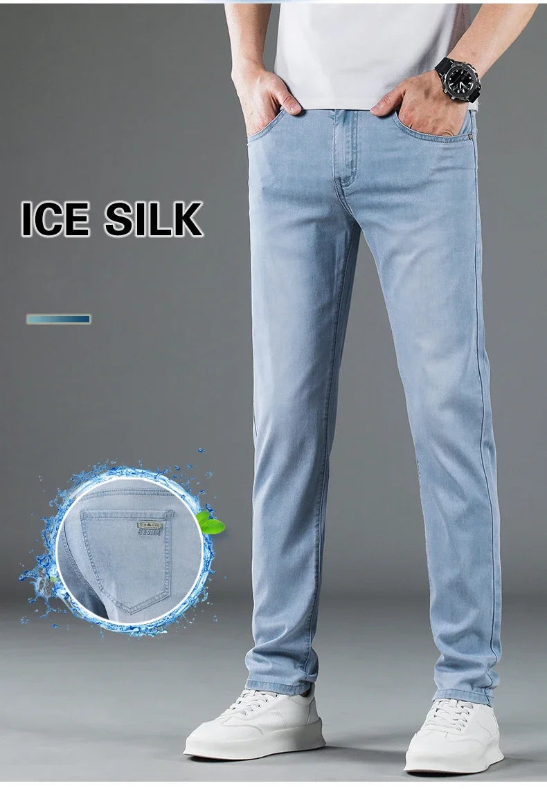 Summer Thin Lyocell Men's Slim Fit Casual Jeans Brand Clothing Stretch Straight Loose Fashionable Casual Denim Trousers Male