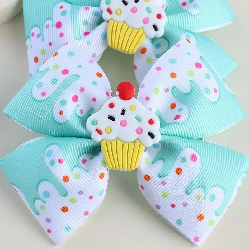 ncmama 2Pcs/set Grosgrain Ribbon Hair Bows Clips For Baby Girls Dessert Hairpin Barrettes Children Headdress Kids Headwear Gifts