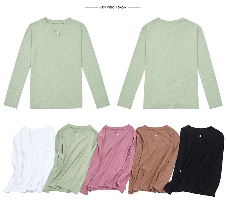 2024 Long Sleeve Spring Women Slub Cotton T Shirts Female Button Green V-Neck Solid Color T-shirt Coffee Korean Soft Loose Tops