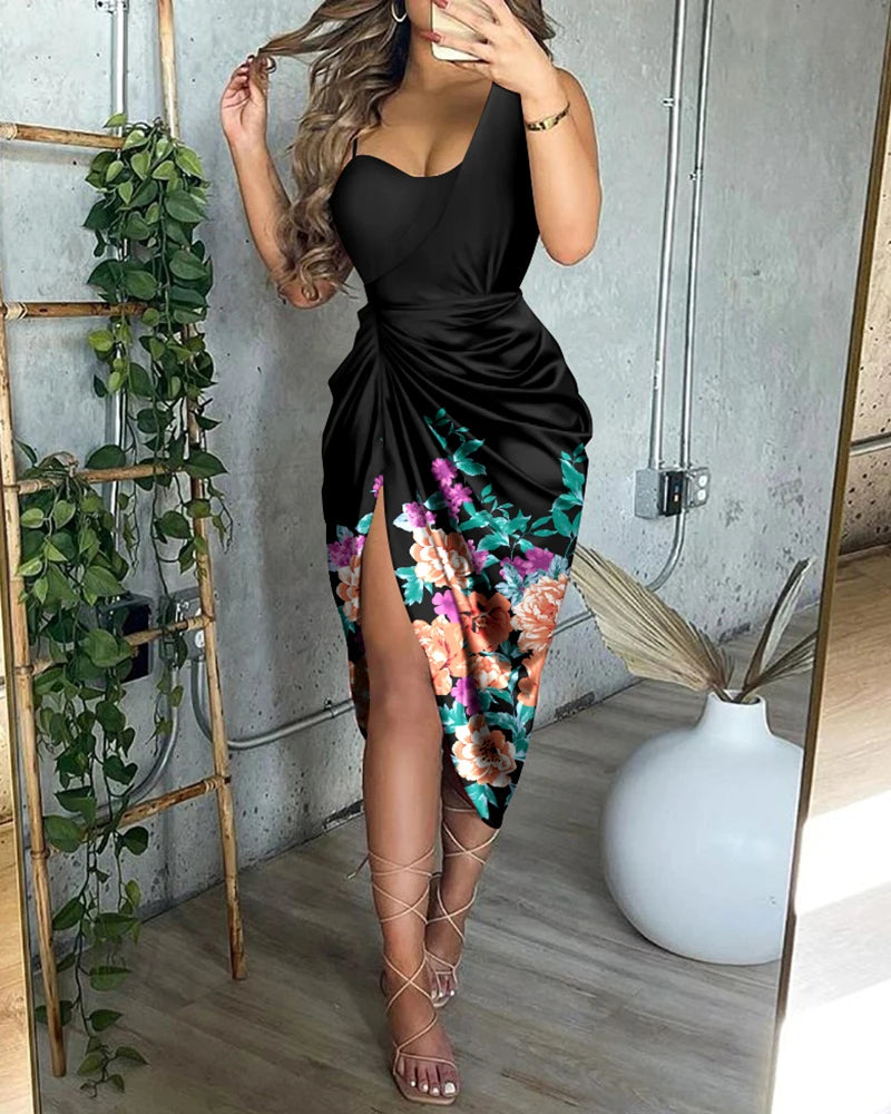 Summer Women Elegant Spaghetti Strap Ruched Irregular Party Dress Women 2023 Temperament Split Slim Ladies Office Dresses