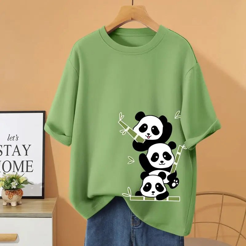 Women Clothing 100% Cotton Cartoon Printed T-shirt, Summer Loose Casual Short Sleeve Top Tee, Vintage O-neck Basic Pullovers