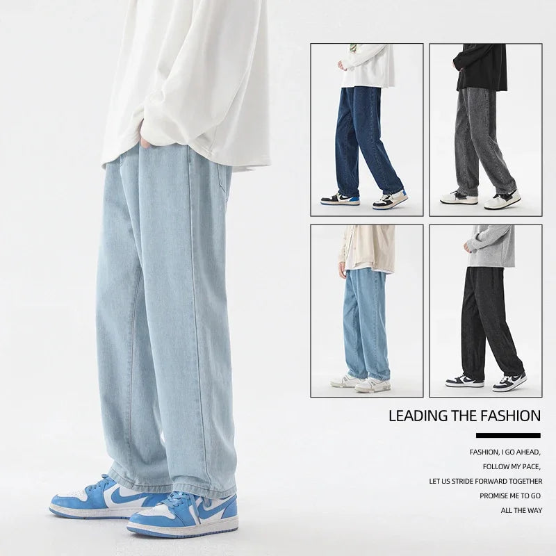 New Korean Fashion Men's Casual Ankle-Length Jeans Classic Man Straight Denim Wide-leg Pants Light Blue Grey Black 3XL