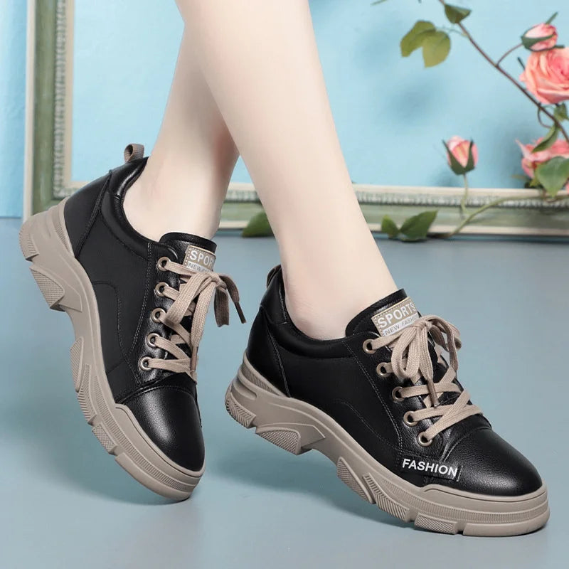 2024 Spring Non-slip Soft Leather Sneaker Trekking Footwear New Women's Thick-soled Lace-up Leisure Skateboard Sports Shoes
