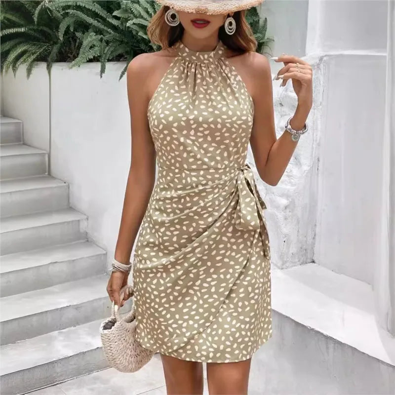 Women's Summer Fashion Hanging Neck Zipper Sleeveless Floral Pleated Short Dress Sexy Off Shoulder Lace-Up Mini Dress Vestidos