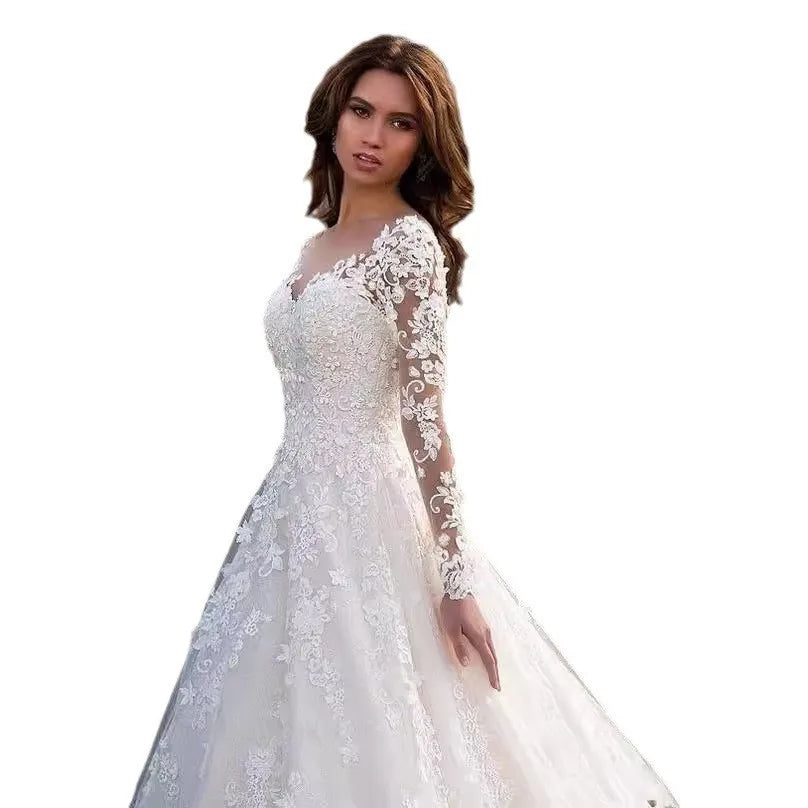 Women Lace Long Sleeve Off Shoulder White Bridal Wedding Dress Gown High Waist Loose Summer Dress Floor Length Evening