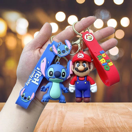 Super Mario Bros Game Stitch Disney Keychain wonder Action Figure Toy PVC Silicone Pendant Car Cartoon Bag Pendant Jewelry Gifts