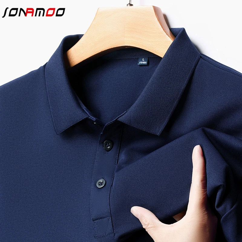 Men's Fashion Solid Short Sleeved Striped Lapel Polo Shirt Summer Breathable Comfortable Top