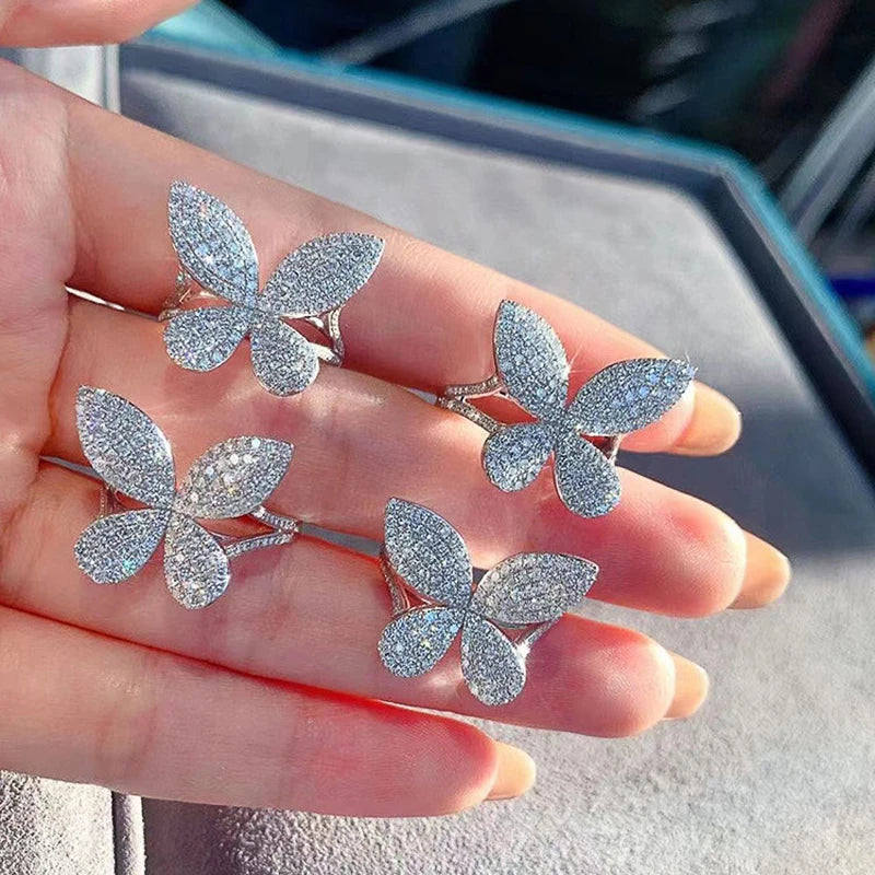 Huitan Bling Bling CZ Butterfly Rings for Women Silver Color Aesthetic Accessories Wedding Party Luxury Trendy Female Jewelry