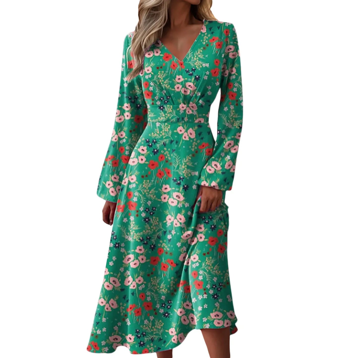 Women Print Dress Long Sleeve V Neck Casual Elegant Retro Fashion Slim Casual Ladies Spring Autumn Dresses Vestidos Clothing