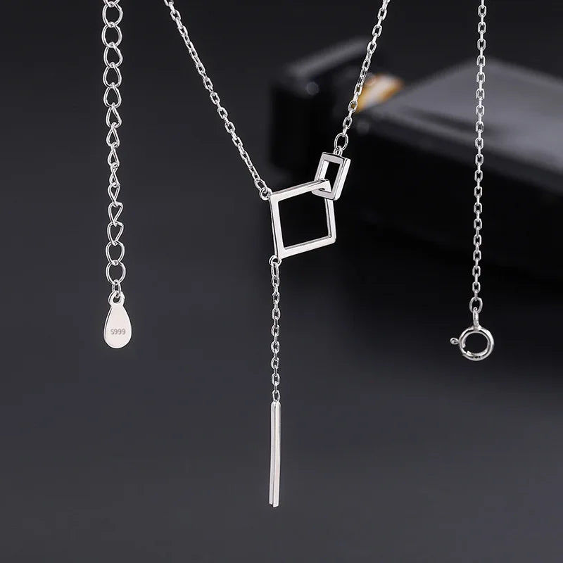 925 Sterling Silver Geometric Square Necklace with Straight Tassel Long Collar Chain Neckchain Sweater Chain Wedding Jewelry