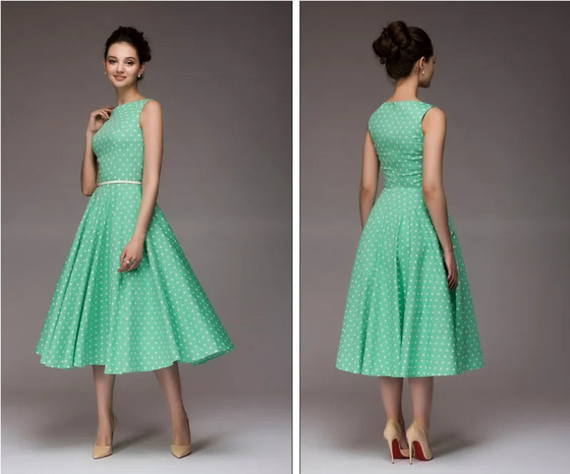 Vintage Dress Sleeveless O-neck Vestidos Women Elegant Thin Dot Printing Mid-Calf Casual Dress Female 2023 Summer New