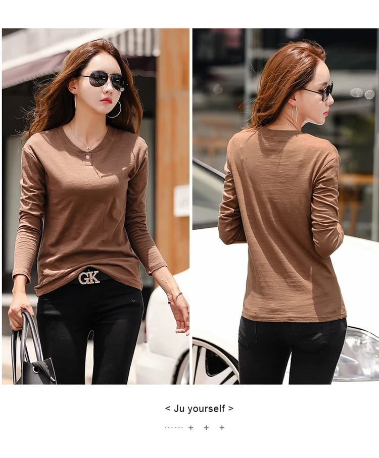 2024 Long Sleeve Spring Women Slub Cotton T Shirts Female Button Green V-Neck Solid Color T-shirt Coffee Korean Soft Loose Tops