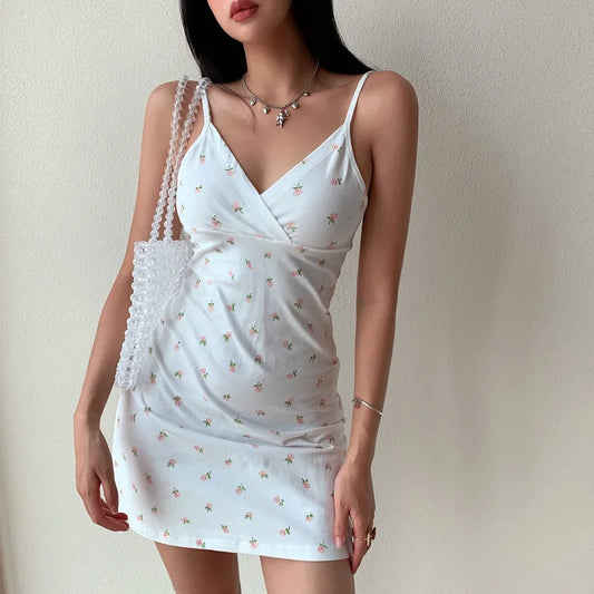 Floral Dress Women y2k Vintage V-Neck Straps Mini Dress Slim Sleeveless Backless Dresses Sexy Spaghetti Strap Mini Dress