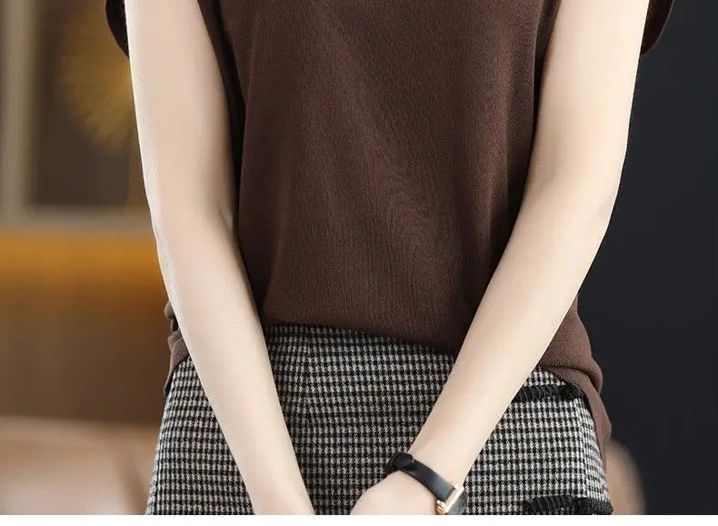 Fashion Solid Color Knitted Loose Korean T-Shirt Women's Clothing 2023 Spring New Casual Pullovers All-match Tee Shirt