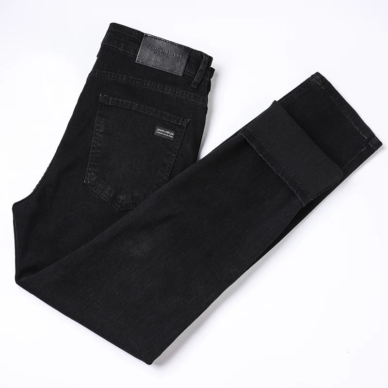 Men's Pure Black Jeans Version Trendy Straight Fit Pants Men's Comfortable  Elastic Classic Business Jeans brand Denim Trousers