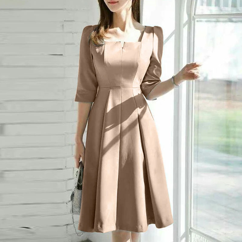 ZANZEA Fashion Summer Dress Women Half Sleeve Square Collar Sundress Elegant Party Vestido Casual Solid OL Work Dresses Robe