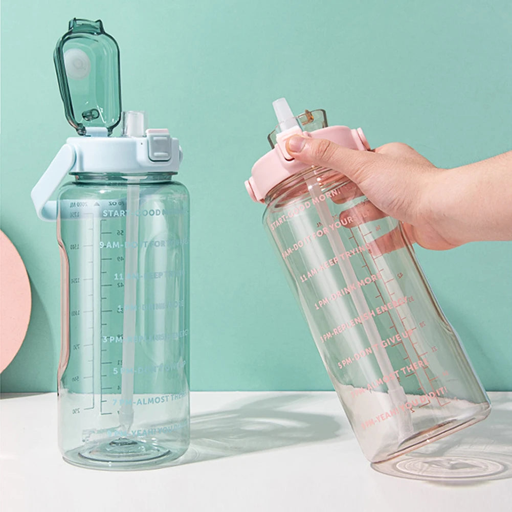 2 Liter Water Bottle With Time Marker Large Capacity Drinking Bottles Girls Portable Outdoor Fitness Sports Bottle With Straw