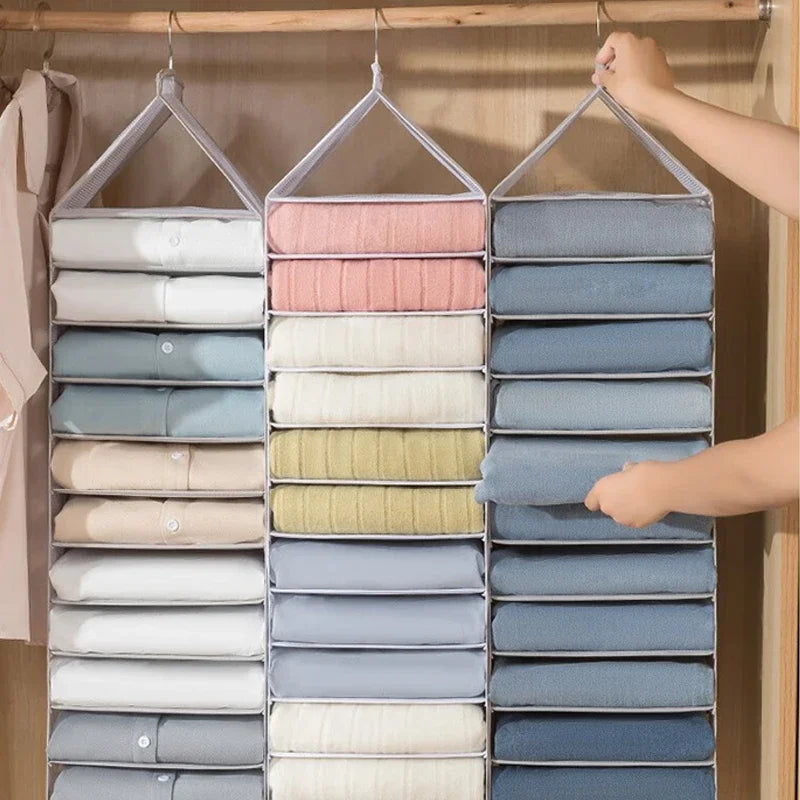 Home wardrobe storage, hanging bags, pants, layered hanging clothes, separated and organized items, fabric storage rack