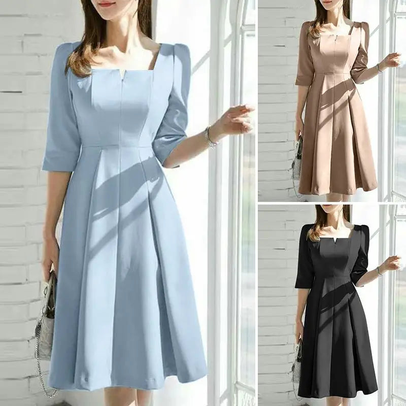 ZANZEA Fashion Summer Dress Women Half Sleeve Square Collar Sundress Elegant Party Vestido Casual Solid OL Work Dresses Robe