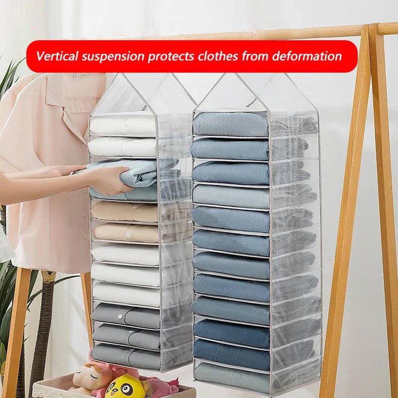 Home wardrobe storage, hanging bags, pants, layered hanging clothes, separated and organized items, fabric storage rack