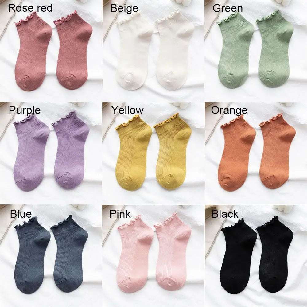 Cotton Women's Socks Frilly Ruffle Socks Spring Summer Casual Ankle Short Boat Socks Loose Knitting Solid Color Mid Tube Sock