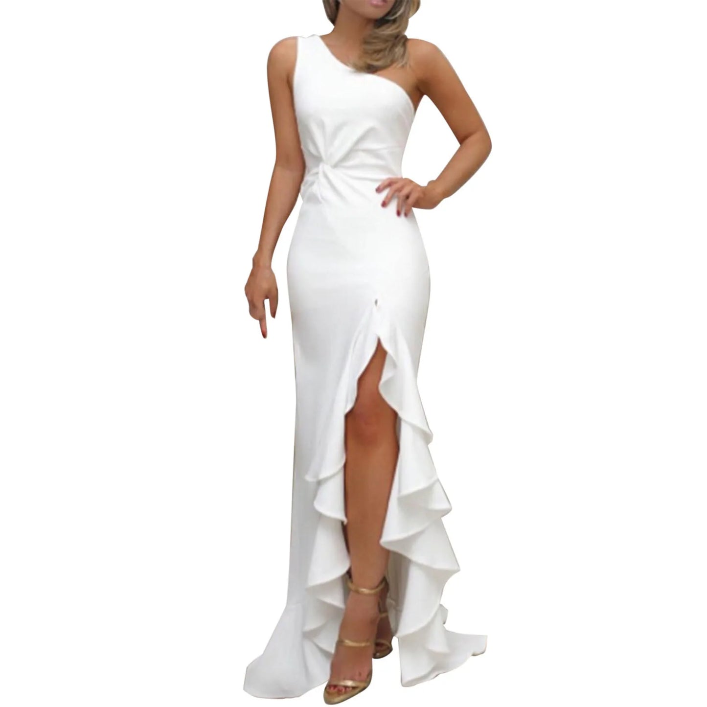 Women's One Shoulder Ruched Irregular Ruffle Solid Color High Waist Elegant Formal Evening Dress Slim Wedding Party Dresses