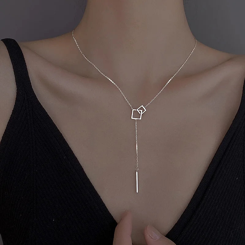 925 Sterling Silver Geometric Square Necklace with Straight Tassel Long Collar Chain Neckchain Sweater Chain Wedding Jewelry