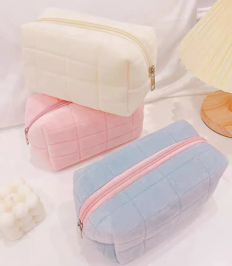 Women Zipper Fur Cosmetic Storage Bag Large Solid Makeup Organizer Handbag Stationery Pencil Case Travel Make Up Toiletry Punch