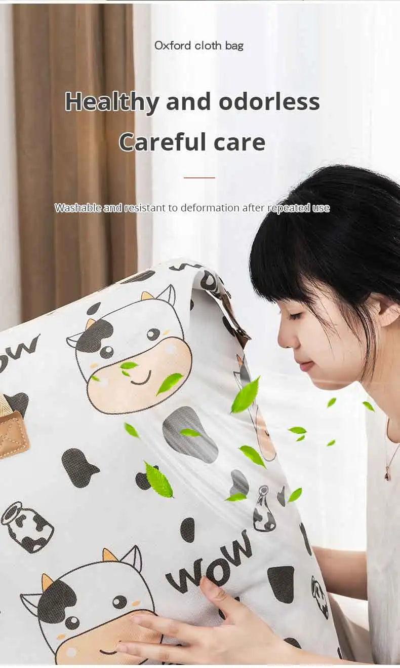 1pc Print Zipper Quilt Storage Bag Zipper Large Capacity Packing Bag Double Handle Moisture-proof Clothes Quilt Storage Bag