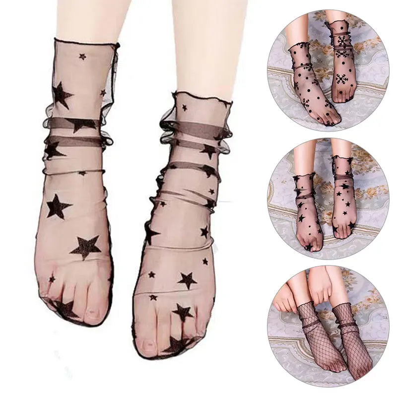 Spring and Summer Retro Lace Floral Mesh Women Socks Thin Middle Tube Transparent Sock Women Breathable Silk Ultrathin Sock New