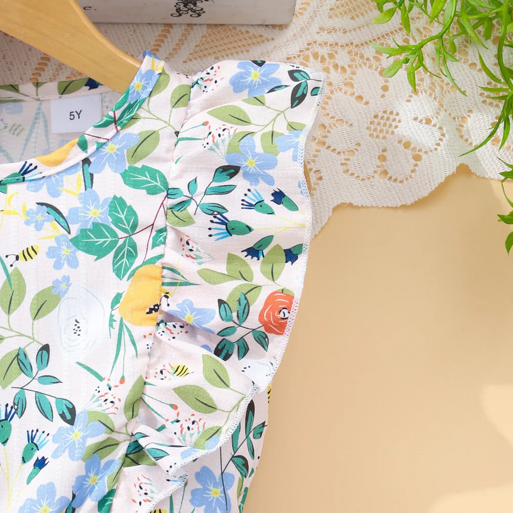 Kids Girls Clothes Summer Short Sleeve 2 Pcs Set Girls Dress Korean Fashion Casual Floral Birthday Children Dress 3 4 5 6 7 Year