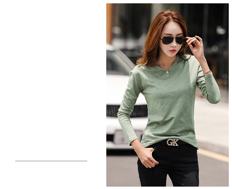 2024 Long Sleeve Spring Women Slub Cotton T Shirts Female Button Green V-Neck Solid Color T-shirt Coffee Korean Soft Loose Tops